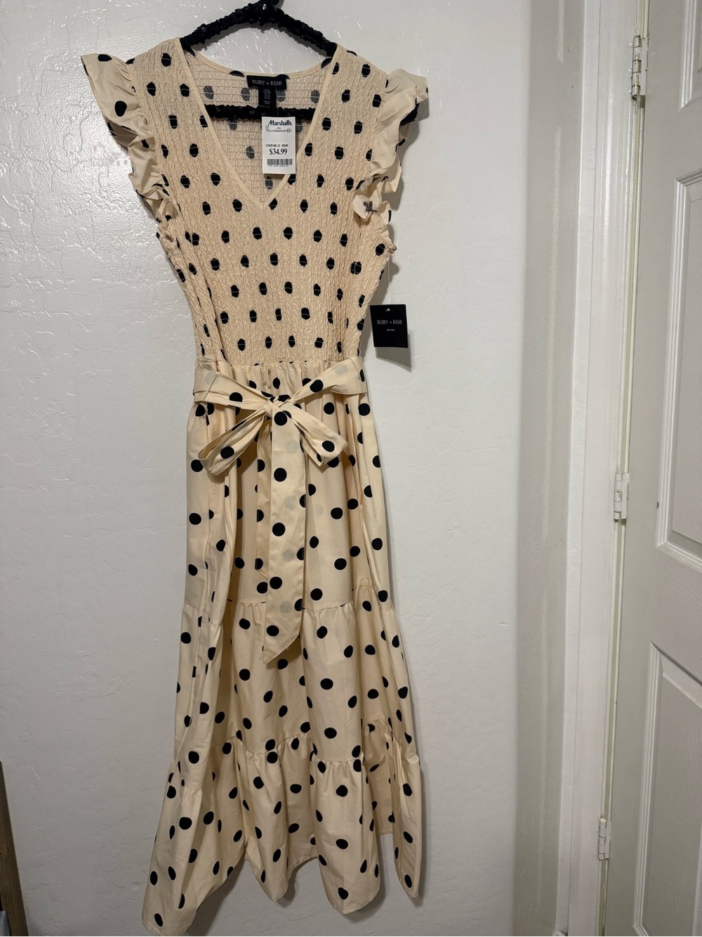 Ruby + Remi Polka Dot Tie-Waist Maxi Dress - Beige/Black